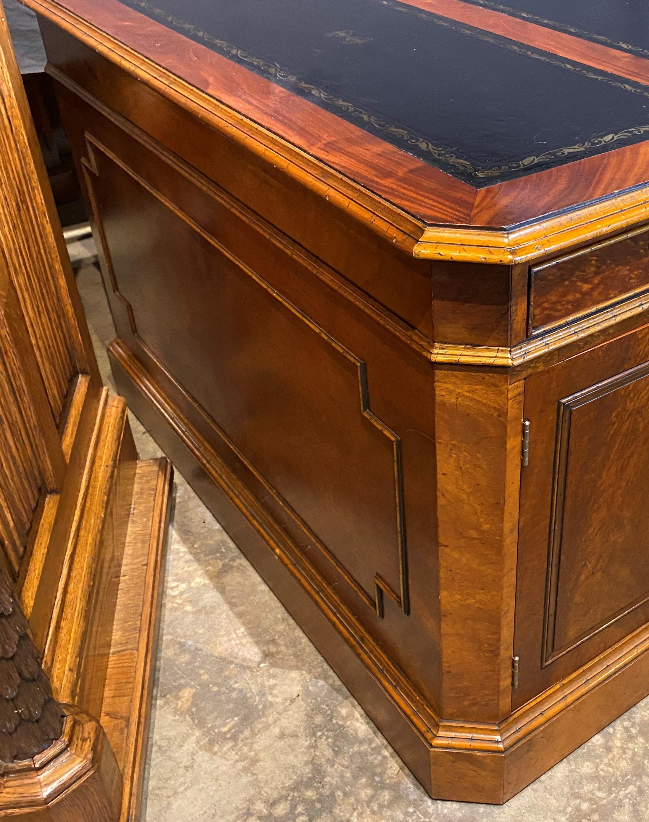 American Nicely Paneled Mahogany & Burled Walnut Veneered Leather Top Partners Desk
