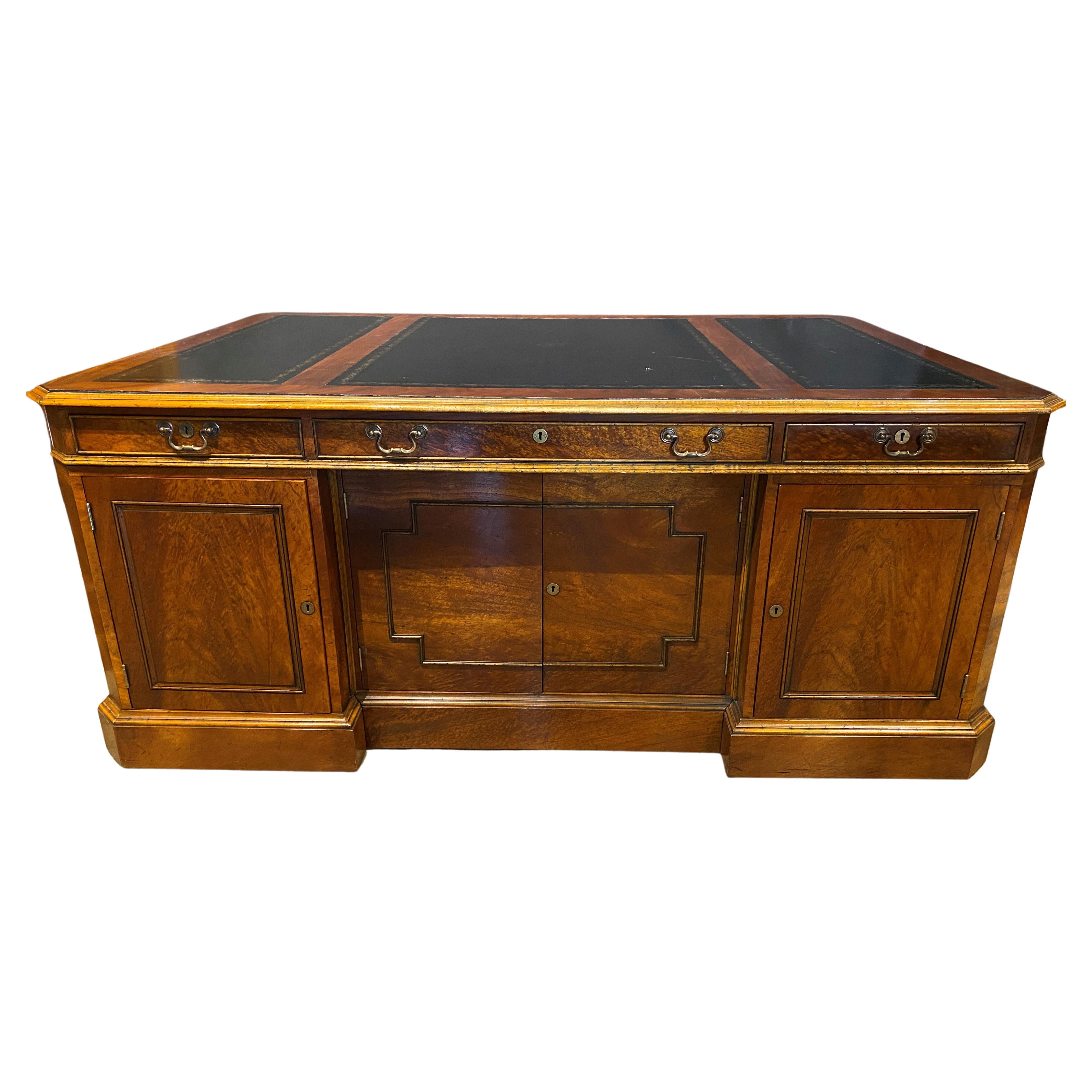Nicely Paneled Mahogany & Burled Walnut Veneered Leather Top Partners Desk
