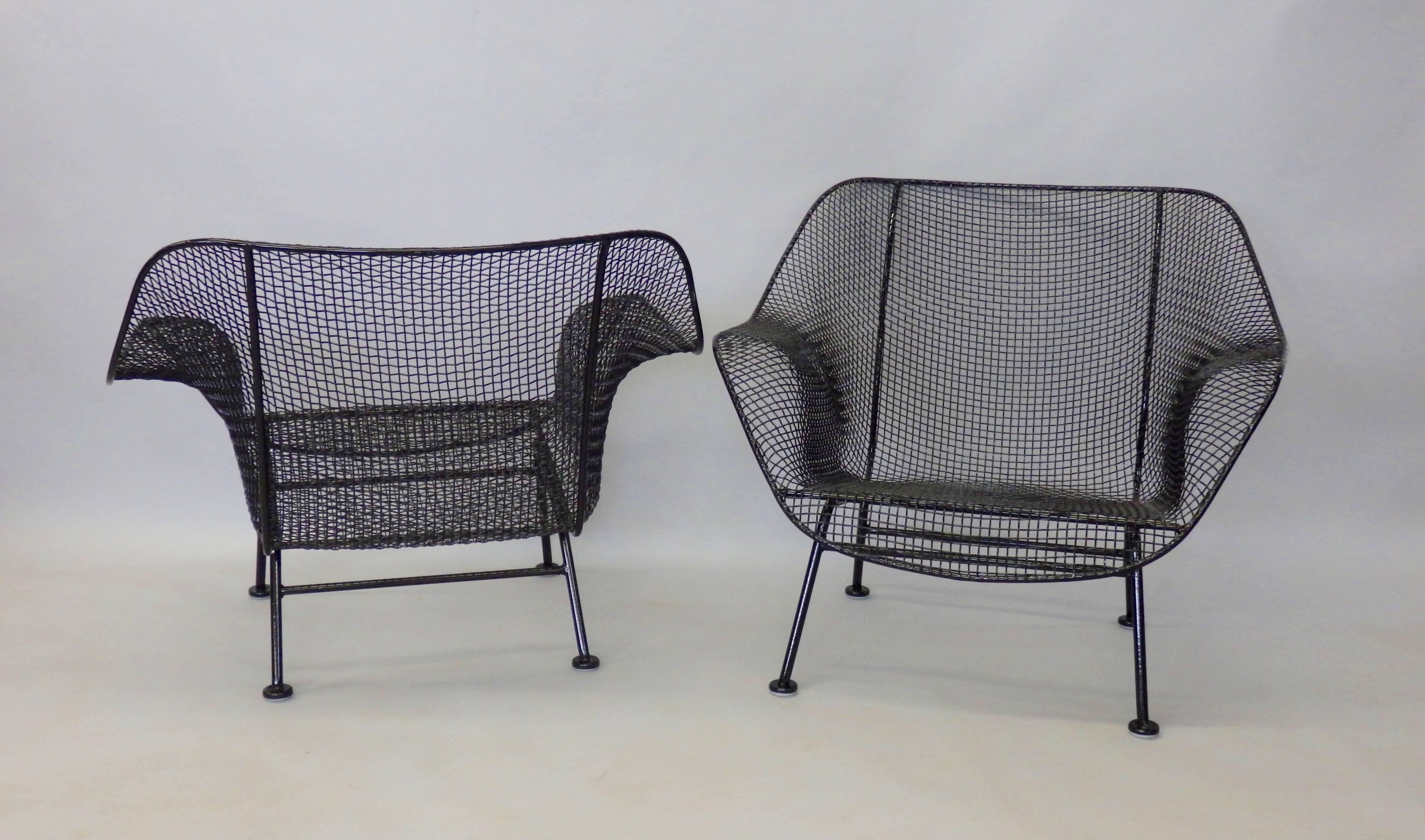 American Nicely Restored John Woodard Wrought Iron with Steel Mesh Lounge Chairs