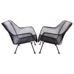Retro Nicely Restored Russell Woodard Wrought Iron with Steel Mesh Lounge Chairs, Pair
