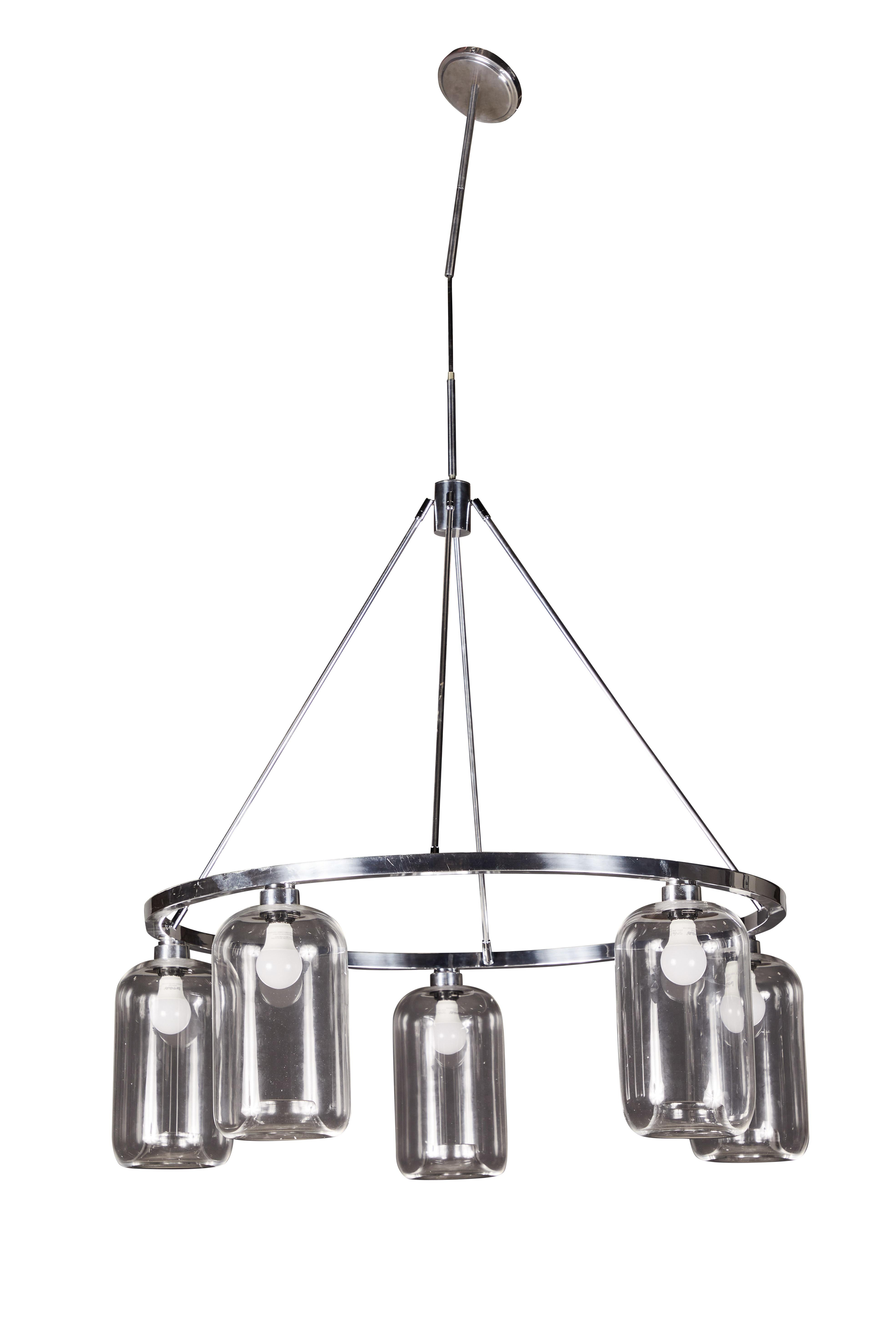 Pod clear hand blown modern glass chandelier in polished nickel by Niche

Every single glass light that comes from Niche is hand blown by real human beings in a state of the art studio located in Beacon, New York. Our team of experienced glass