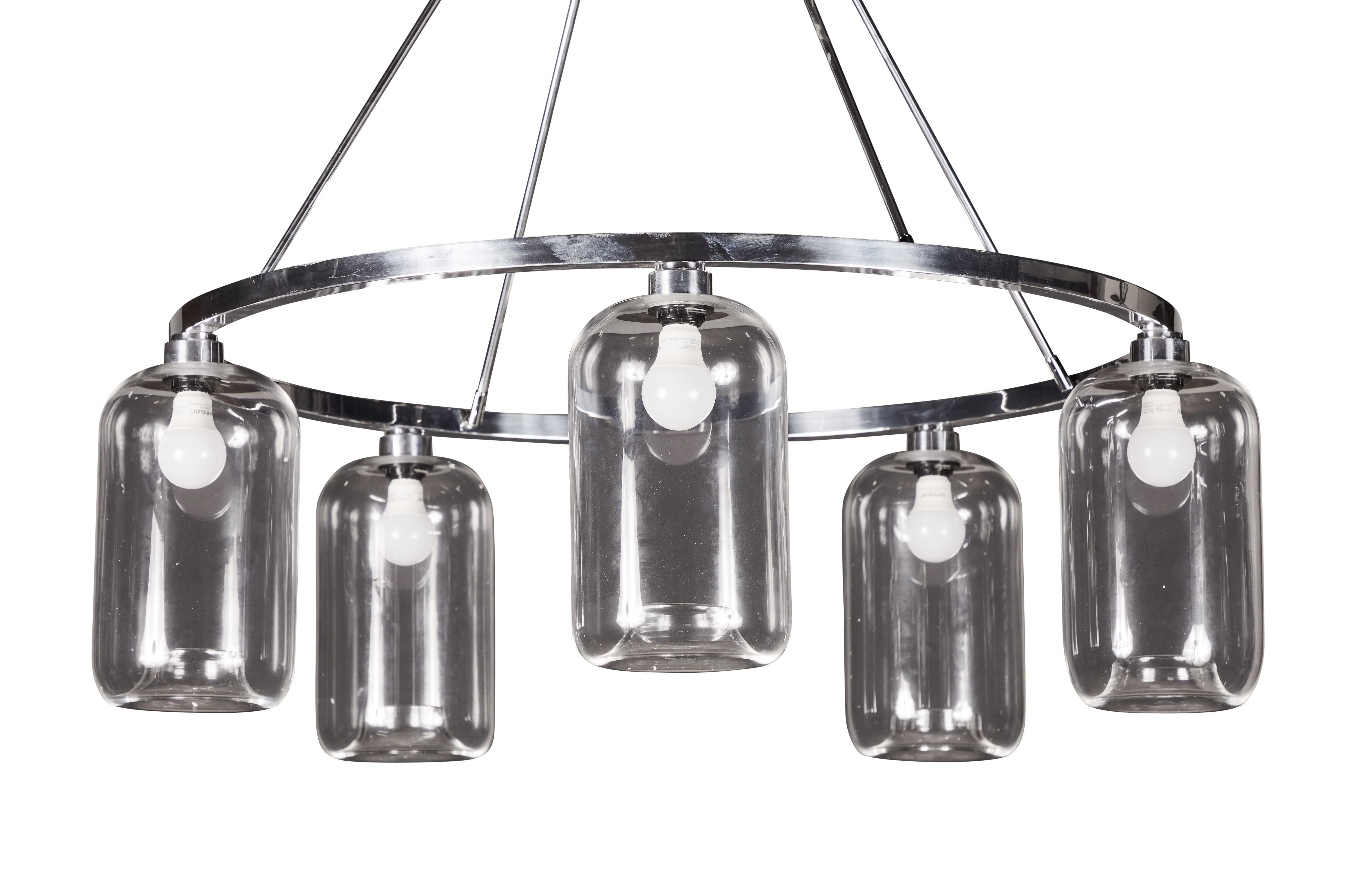 Niche Designs Pod Clear Hand Blown Modern Glass Chandelier in Polished Nickel In Good Condition For Sale In Los Angeles, CA