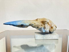 ''Elysian Hare'', Sculpture contemporaine en bronze Portrait de lièvre Beige Blue