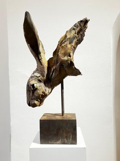 "Étude de tête de lièvre 3" Sculpture contemporaine en bronze d'un lièvre brun