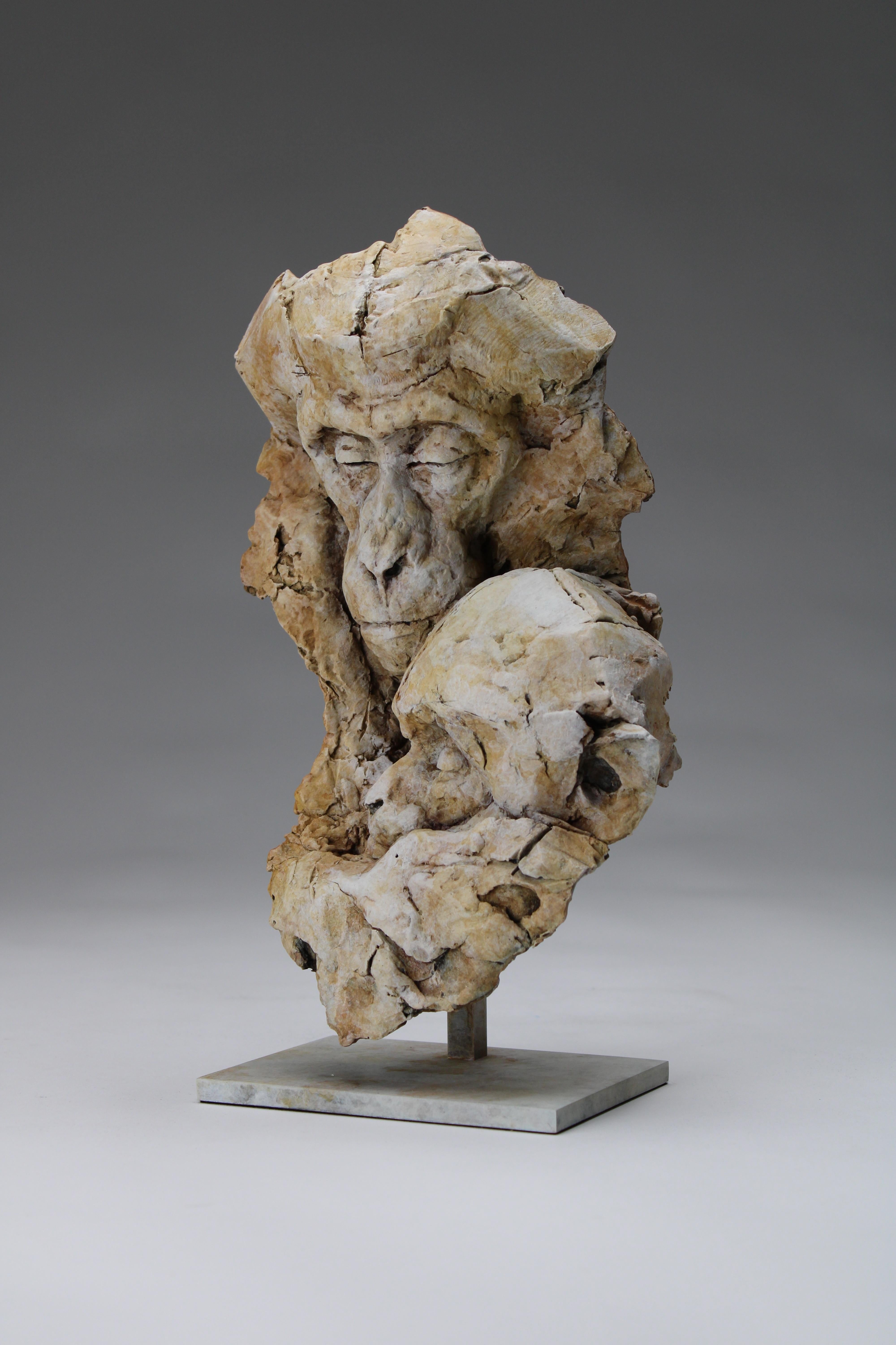 ''Macaque Icon'', Contemporary Bronze Sculpture of a Primate, Mother and Child - Gold Figurative Sculpture by Nichola Theakston
