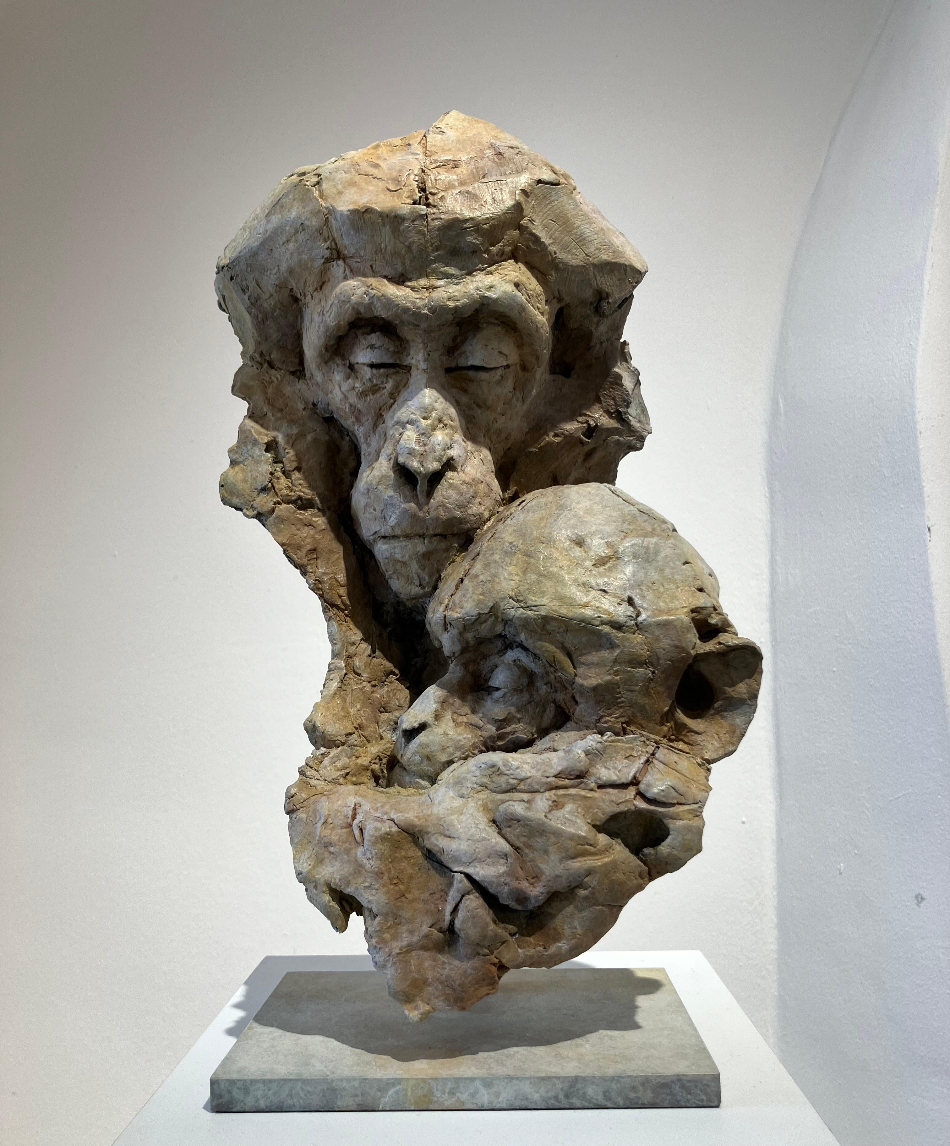 ''Macaque Icon'', Contemporary Bronze Sculpture of a Primate, Mother and Child - Gold Figurative Sculpture by Nichola Theakston