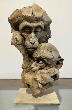 ''Icono Macaco'', Escultura Contemporánea de Bronce de un Primate, Madre e Hijo