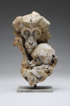 ''Macaque Icon'', Contemporary Bronze Sculpture of a Primate, Mother and Child