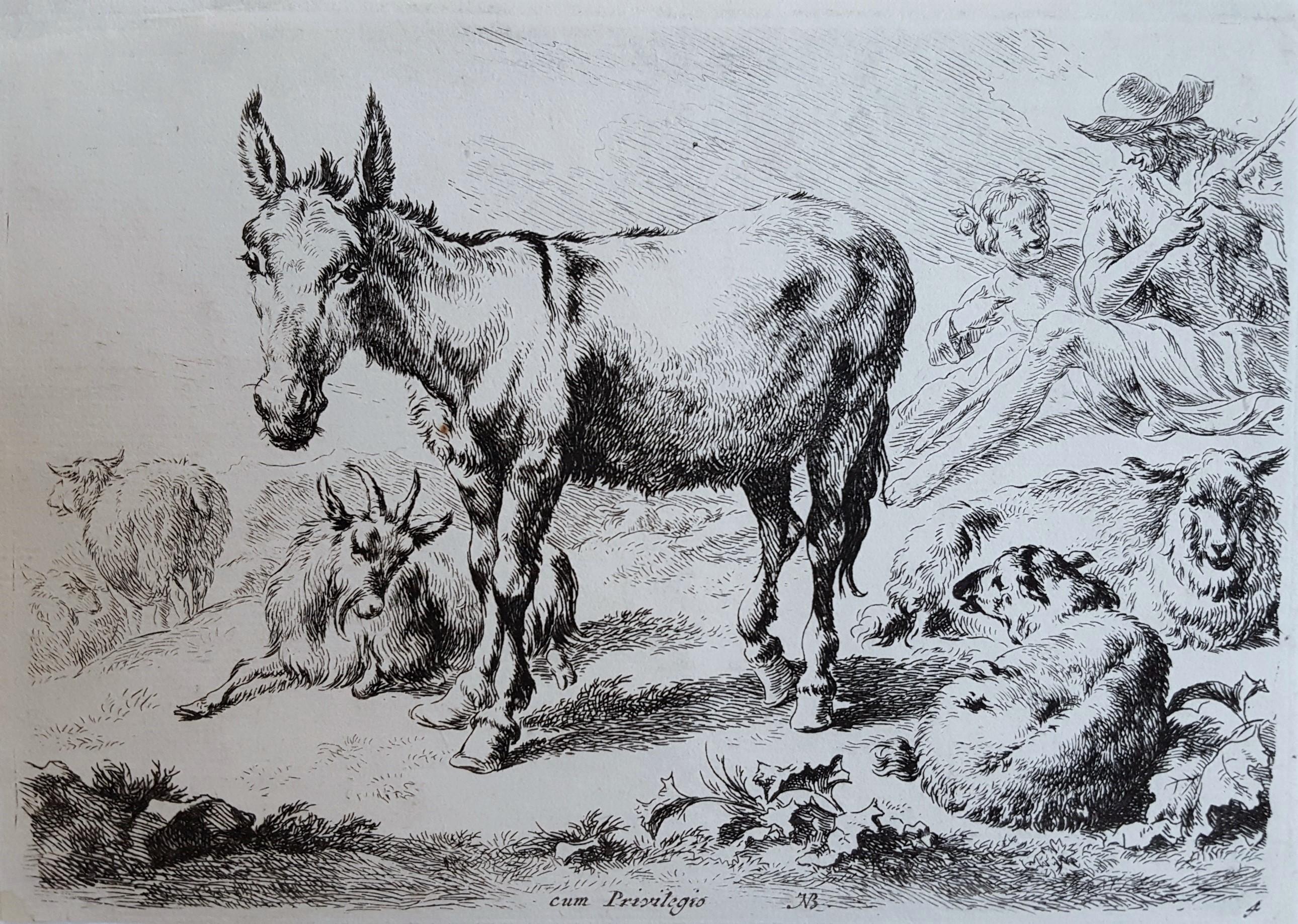 Nicolaes Berchem Animal Print - Donkey, Sheep, and Goats