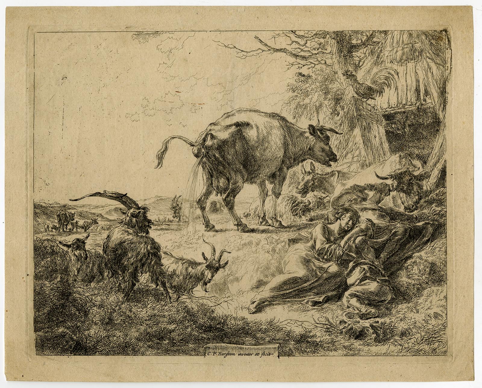 Subject:  Antique Master Print, untitled.  - Landscape with a sleeping shepherdess and a pissing cow. Very good early impression of this famous print.

Description:  Source unknown, to be determined. State: Second state of 5. Ref: Hollstein