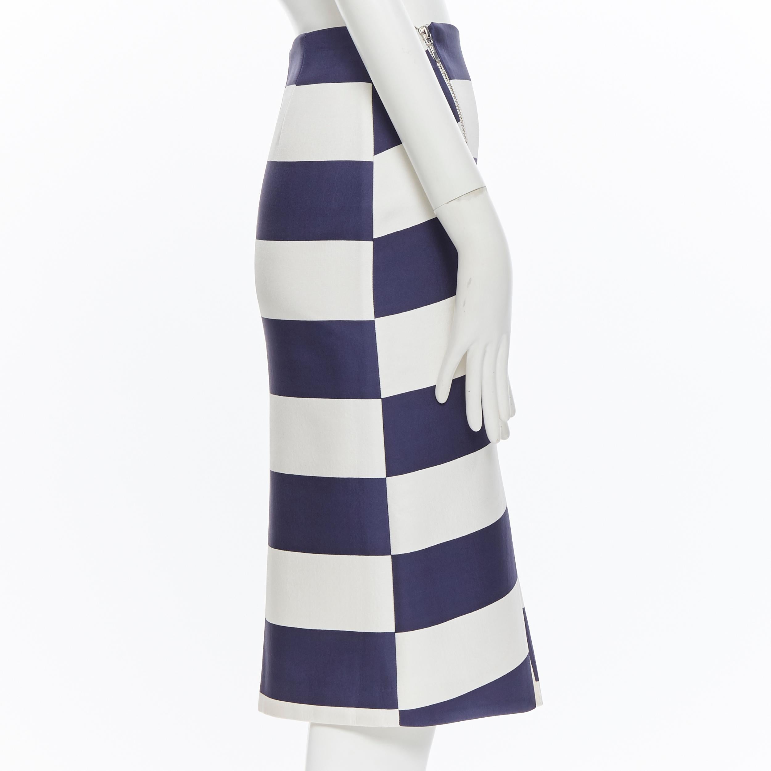 Gray NICHOLAS 100% silk navy white striped asymmetric zip pencil skirt US2