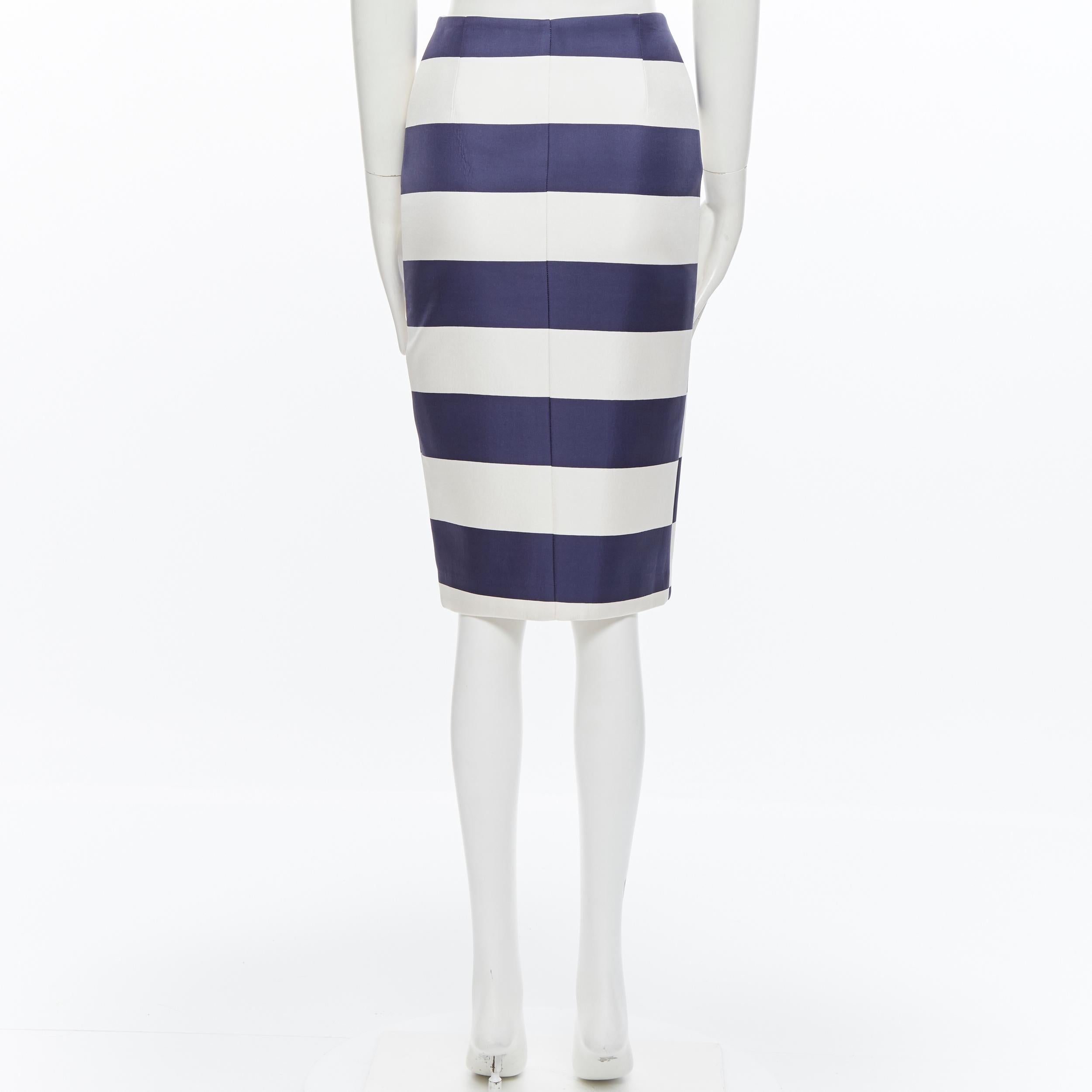 NICHOLAS 100% silk navy white striped asymmetric zip pencil skirt US2 In Good Condition In Hong Kong, NT