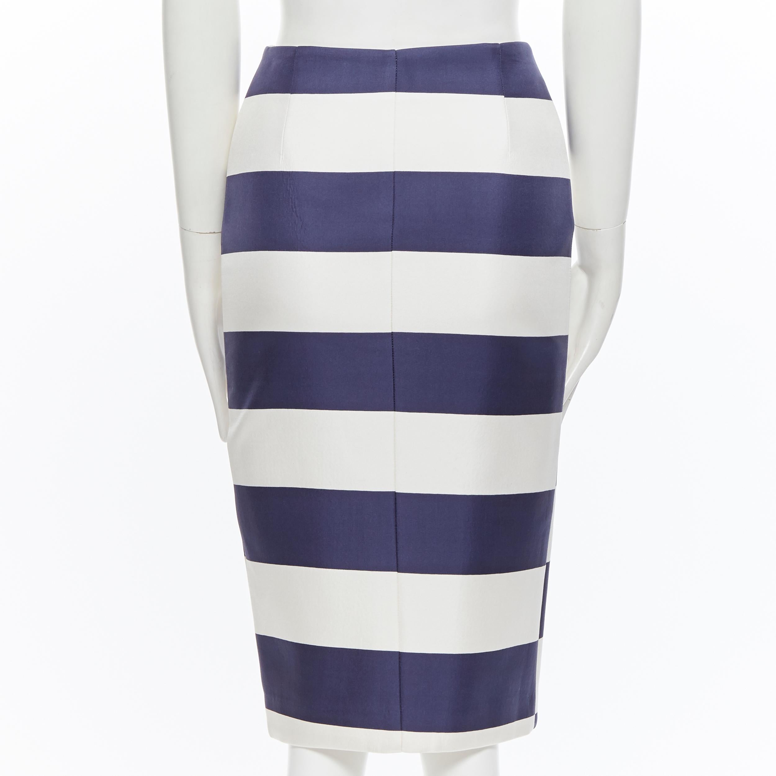 Women's NICHOLAS 100% silk navy white striped asymmetric zip pencil skirt US2