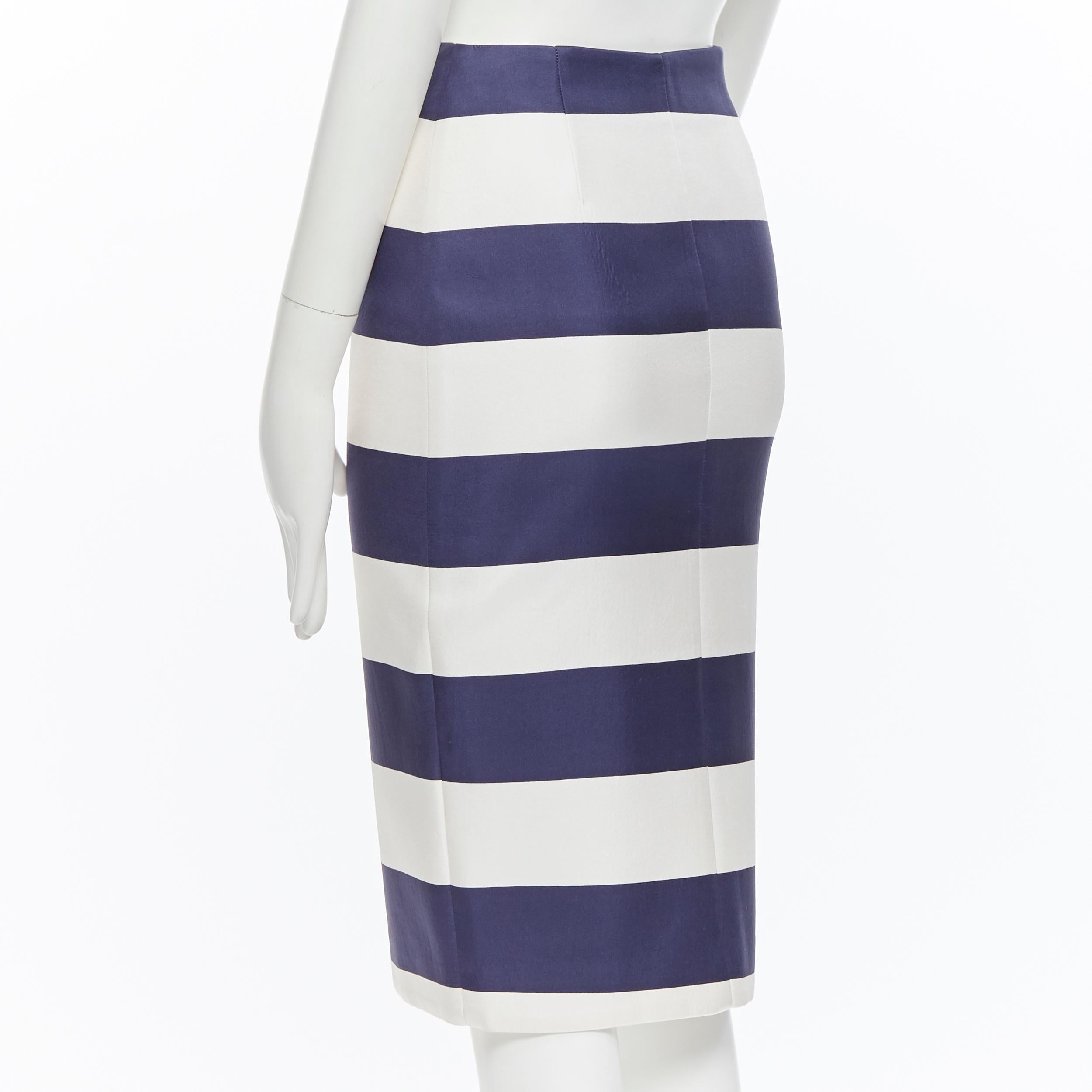 NICHOLAS 100% silk navy white striped asymmetric zip pencil skirt US2 1