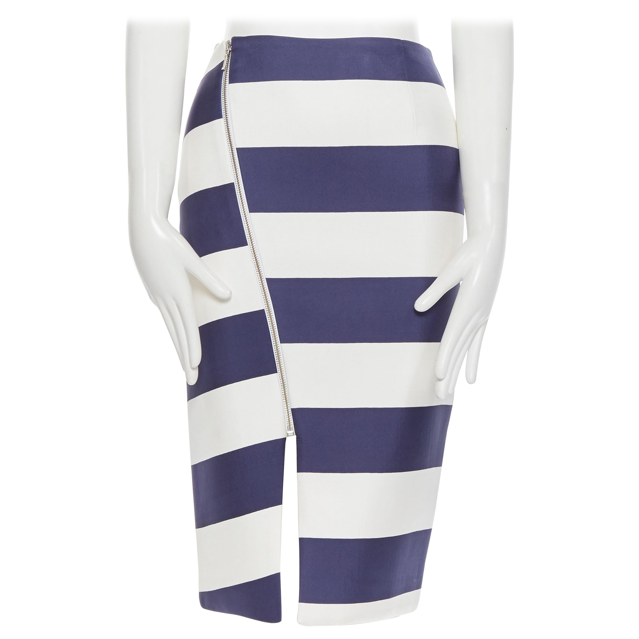 NICHOLAS 100% silk navy white striped asymmetric zip pencil skirt US2