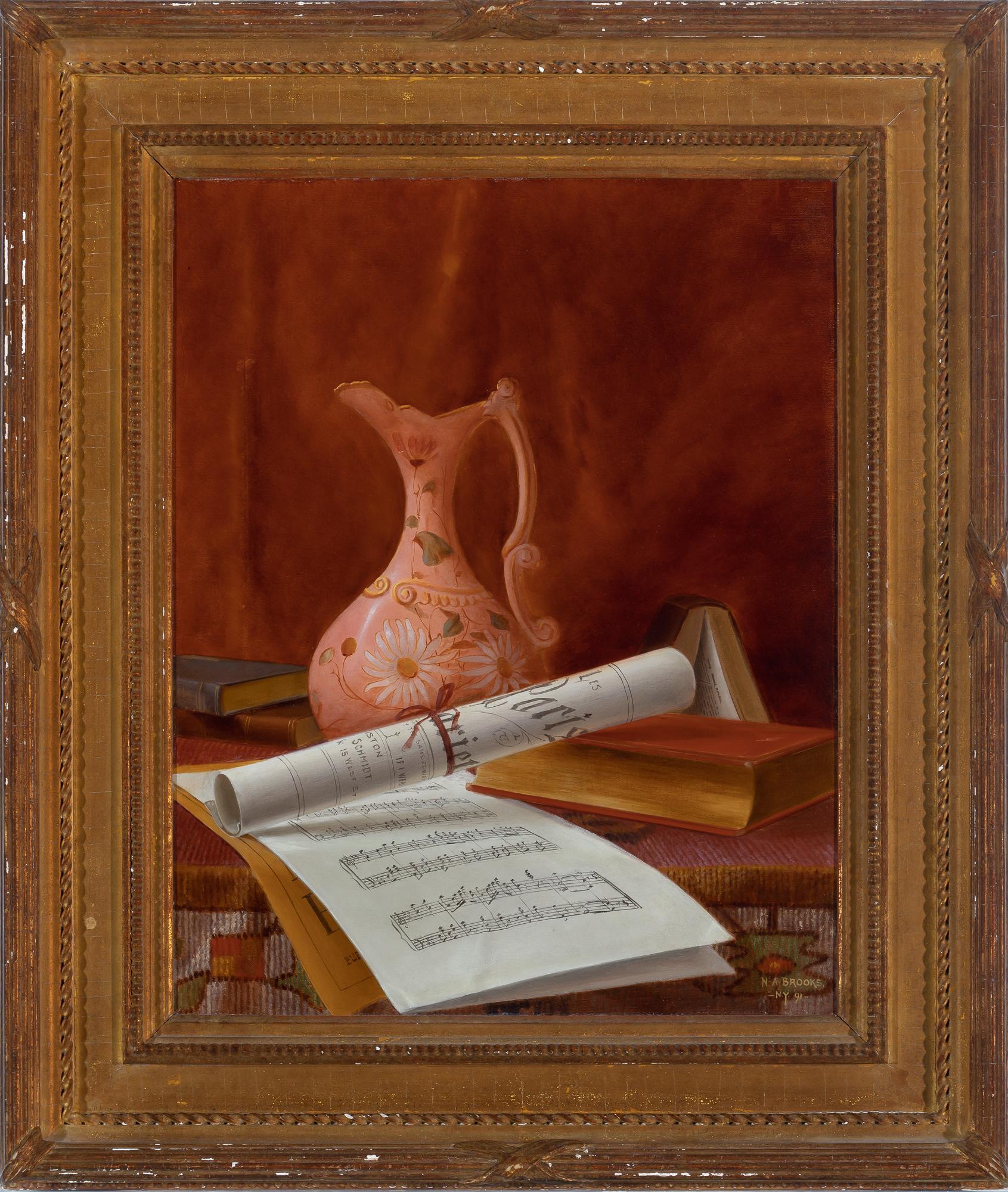 Nicholas Alden Brooks
Still Life with Pink Ewer and Sheet Music, 1891
Signed and dated lower right
Oil on canvas
20 1/8 x 16 inches

Considerable mystery surrounds the name Nicholas Alden Brooks. Other than having been active in New York City