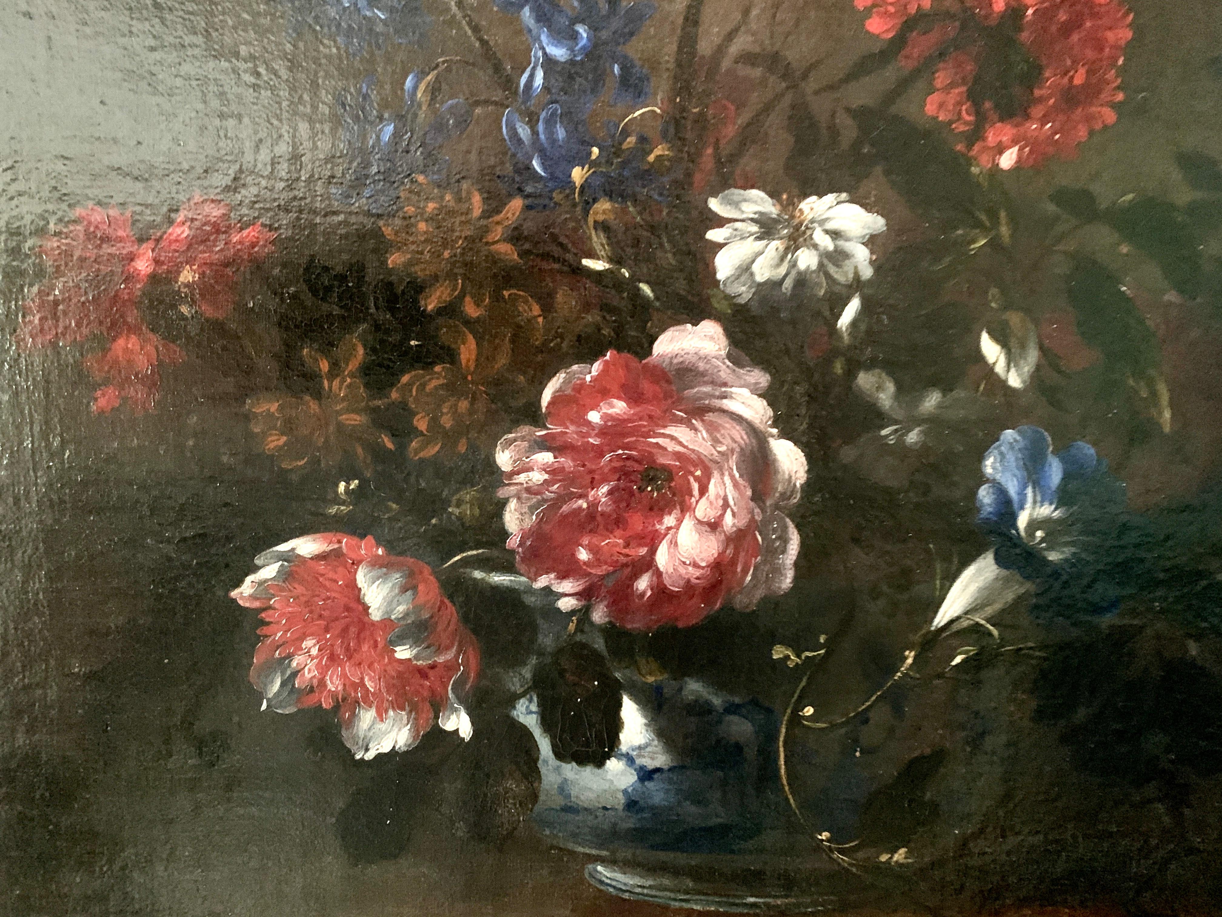 French Old Master oil painting, still life of flowers in a blue and white bowl - Painting by Nicholas Baudesson