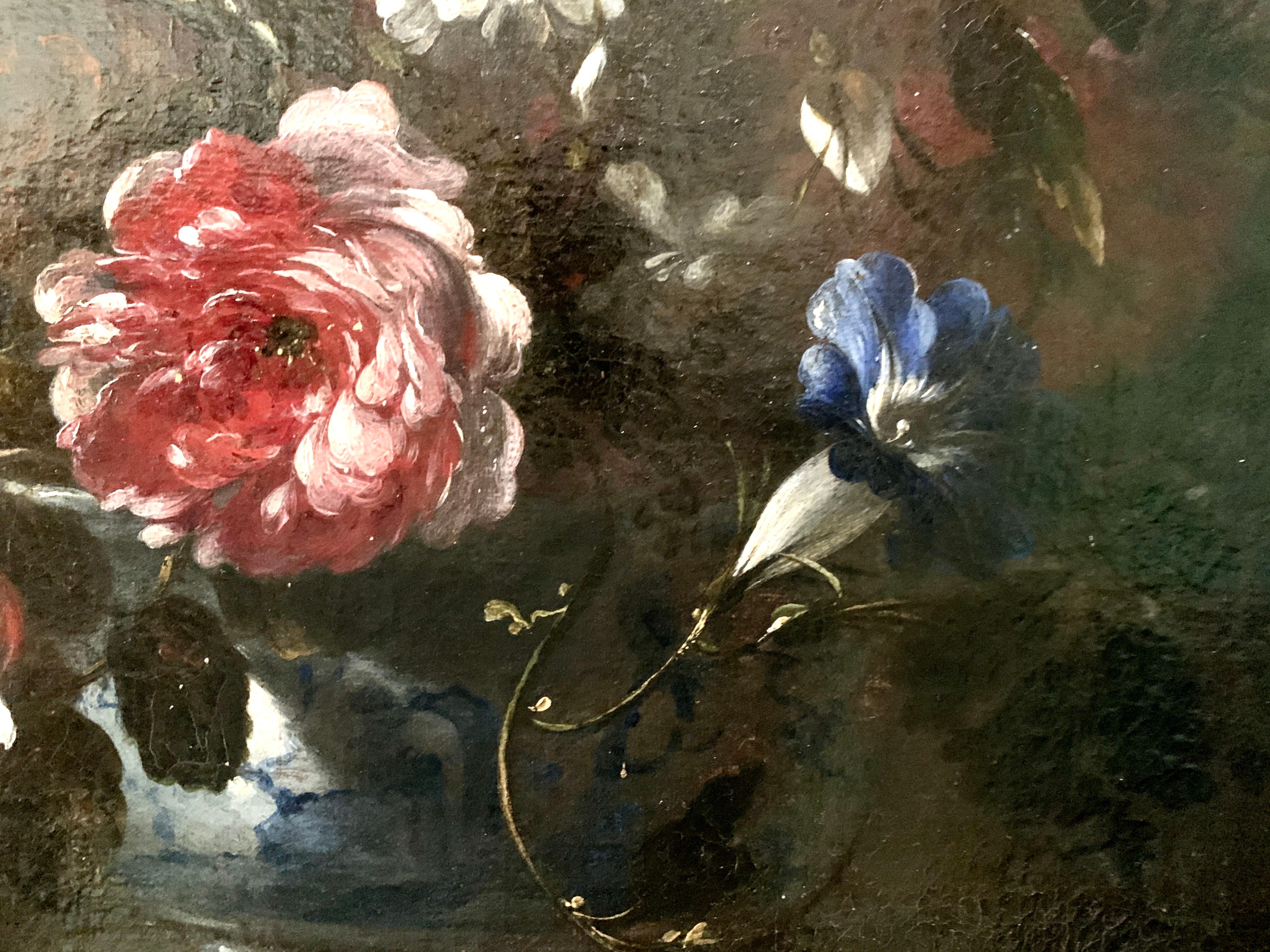 French Old Master oil painting, still life of flowers in a blue and white bowl - Old Masters Painting by Nicholas Baudesson