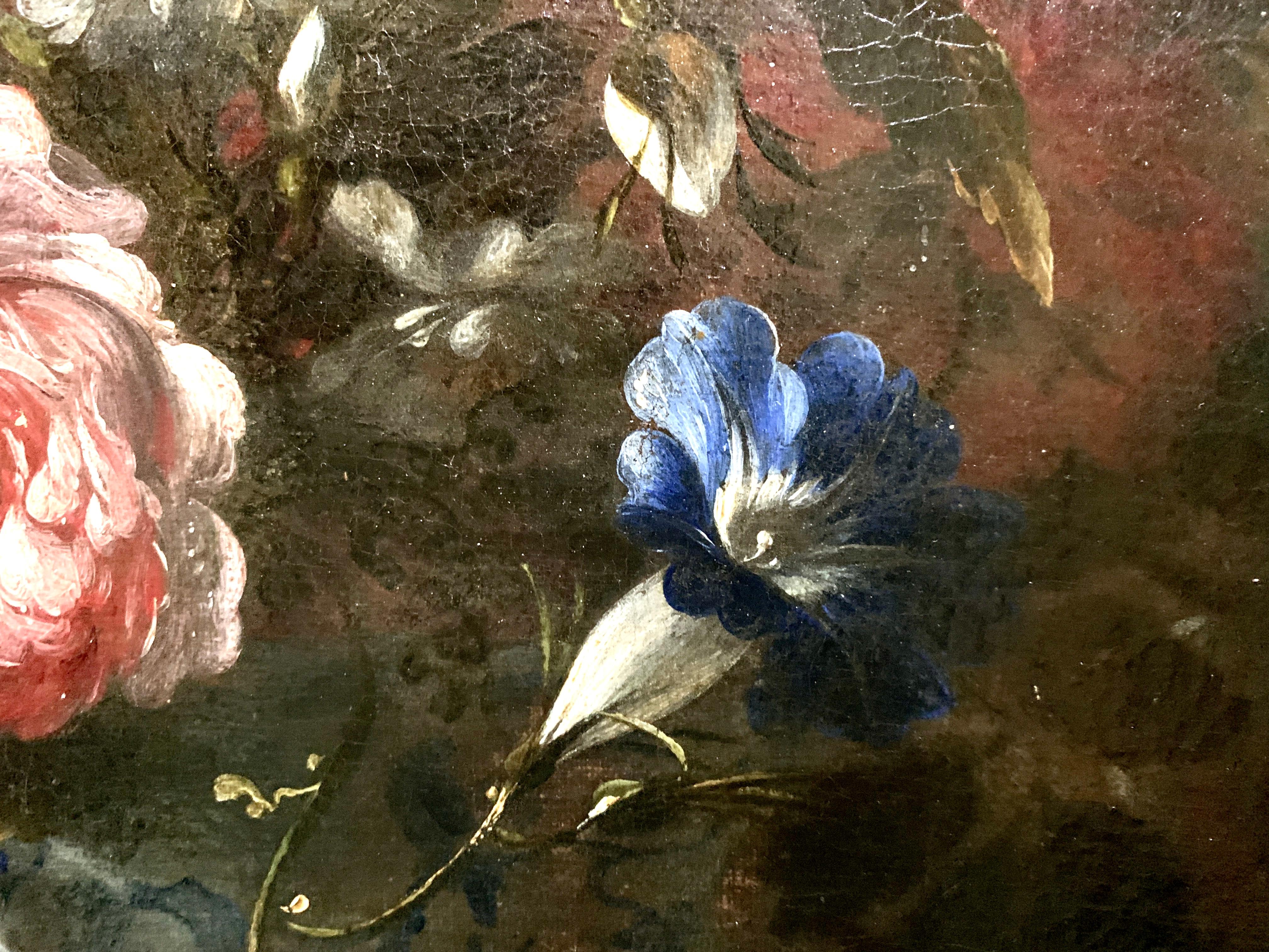 French Old Master oil painting, still life of flowers in a blue and white bowl 1