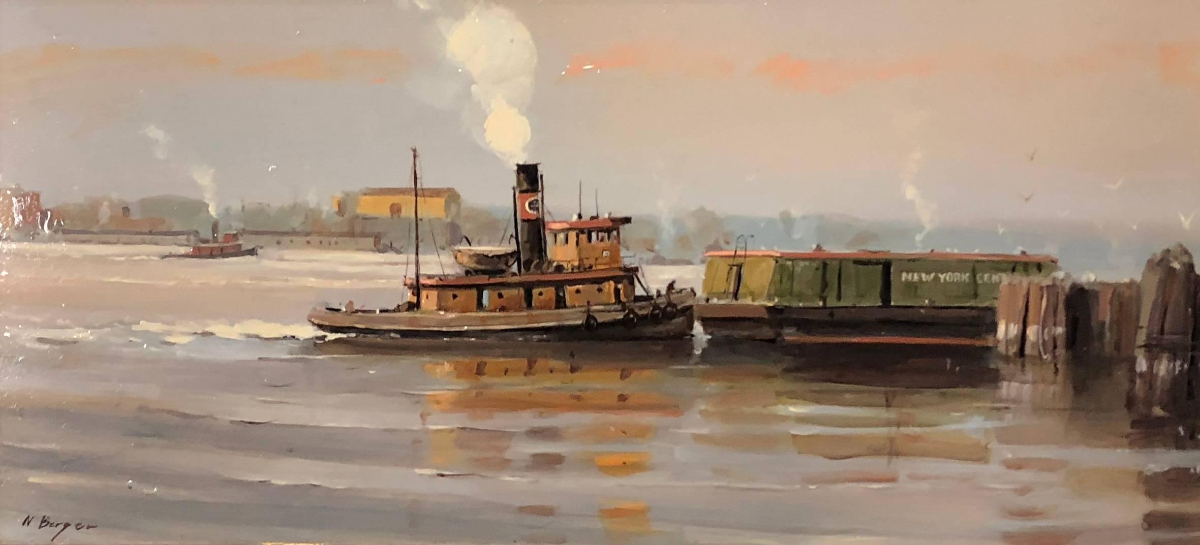 Nicholas Berger Landscape Painting - Easing In, New York Central Tug