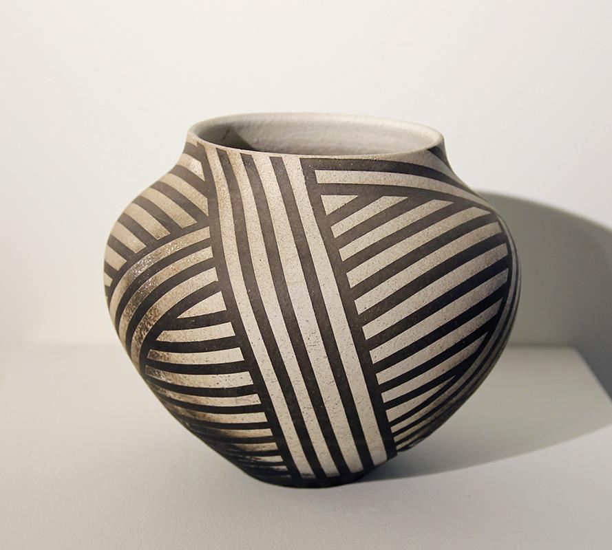 Nicholas Bernard Abstract Sculpture - Vintage Ceramic Vessel in Black and Cream Stripes