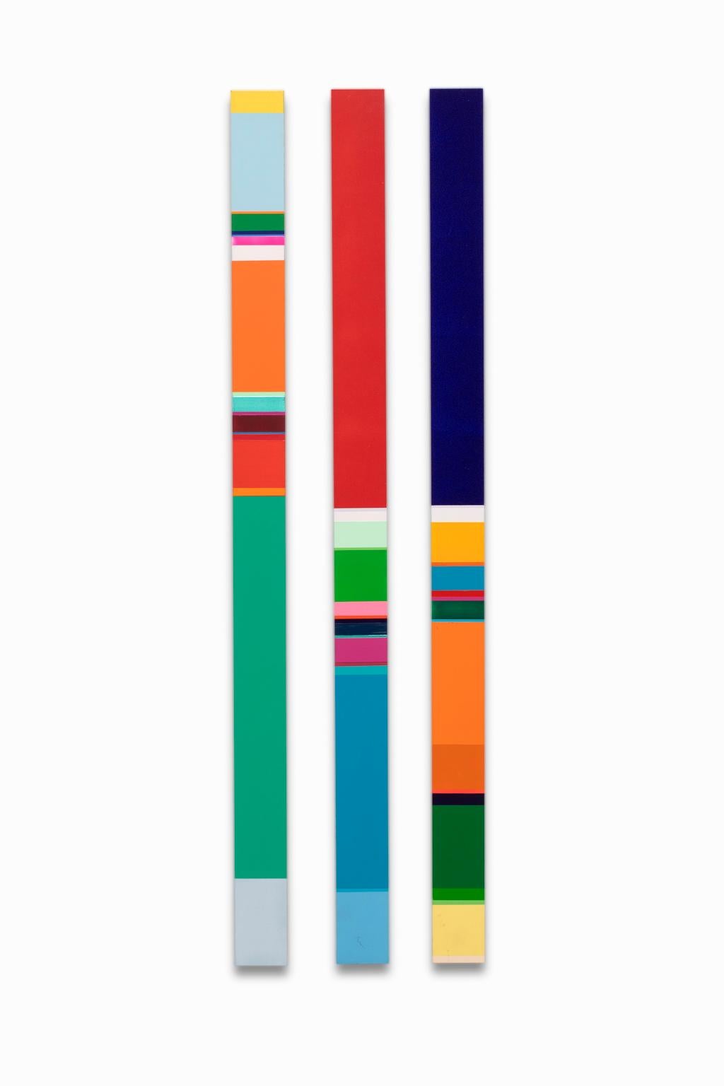 SALE ONE WEEK ONLY

"Untitled" by Nicholas Bodde depicts vibrant layers of color on narrow aluminum strips. These pieces are interchangeable and can be hung in various ways. Each is signed on the verso and was created in 2013. All three are sold as