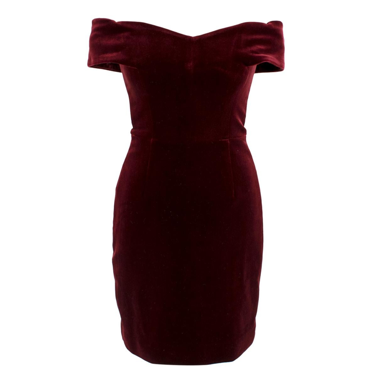 Nicholas Bordeaux Velvet Off-the-Shoulder Mini Dress

- Velvet bordeaux mini dress
- Off shoulder
- Lined 
- Interior boning for structure
- Hidden zip fastening to the back

Please note, these items are pre-owned and may show some signs of storage,
