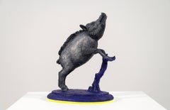 Boar 2/8 - small, grey, blue, figurative, animal, cast resin, tabletop sculpture