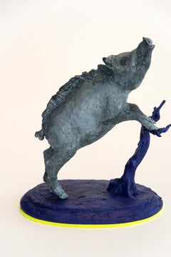 Boar 2/8 - small, grey, blue, figurative, animal, cast resin, tabletop sculpture