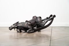 End of the Chase (Dark Version) 1 of 6 - figurative, resin and wood sculpture