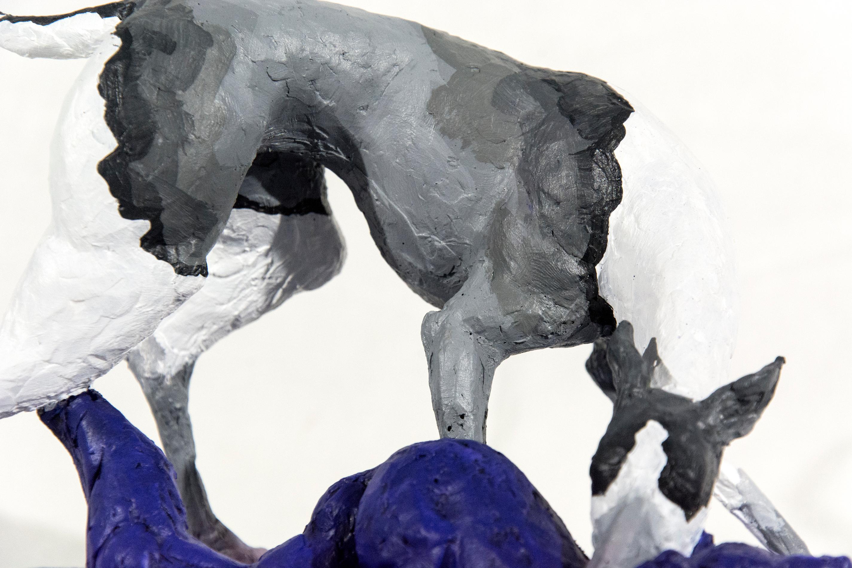Hound 2/8 - small, grey, white, blue, figurative, dog, wildlife, resin sculpture - Gray Figurative Sculpture by Nicholas Crombach