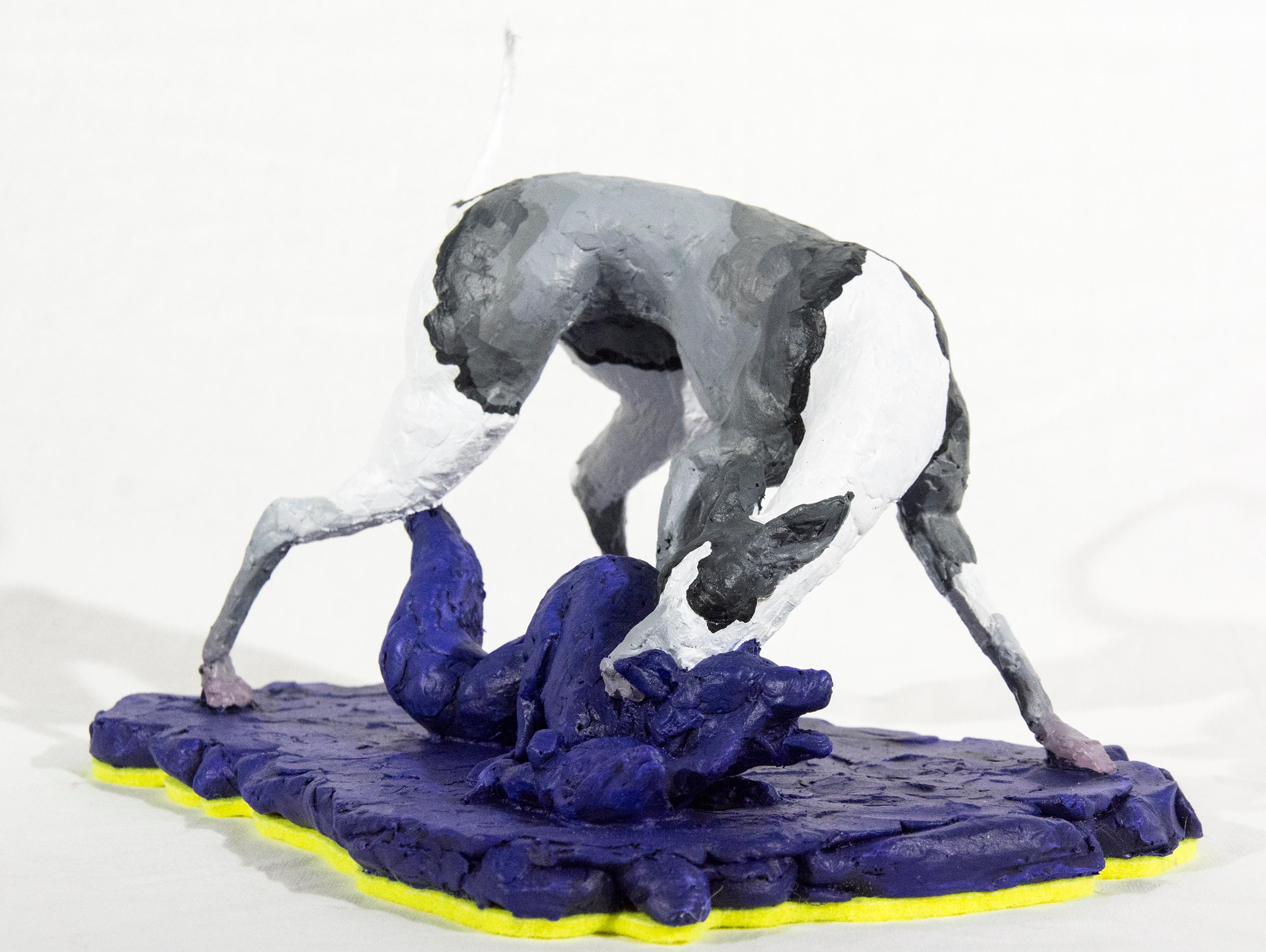 Hound 2/8 - small, grey, white, blue, figurative, dog, wildlife, resin sculpture