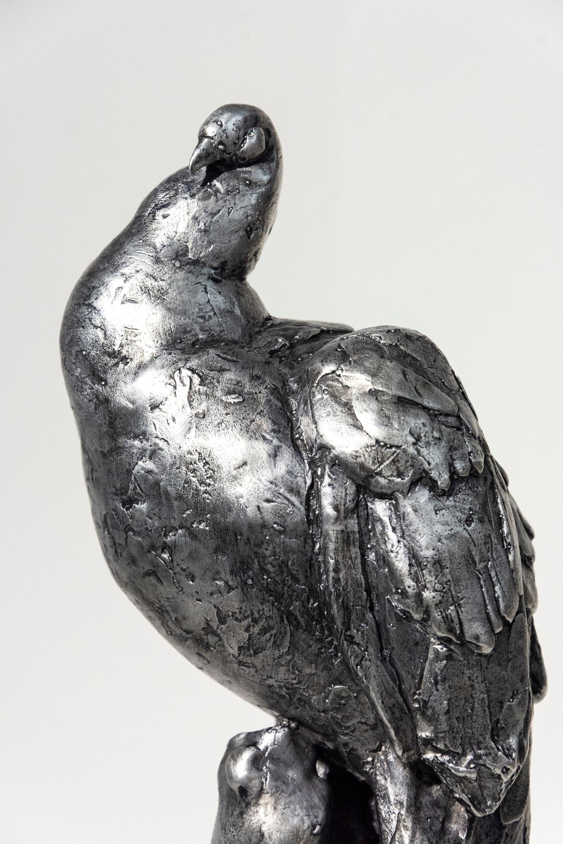 Peacock No 1 - small, cast aluminum, male, bird, interior tabletop sculpture - Gray Still-Life Sculpture by Nicholas Crombach