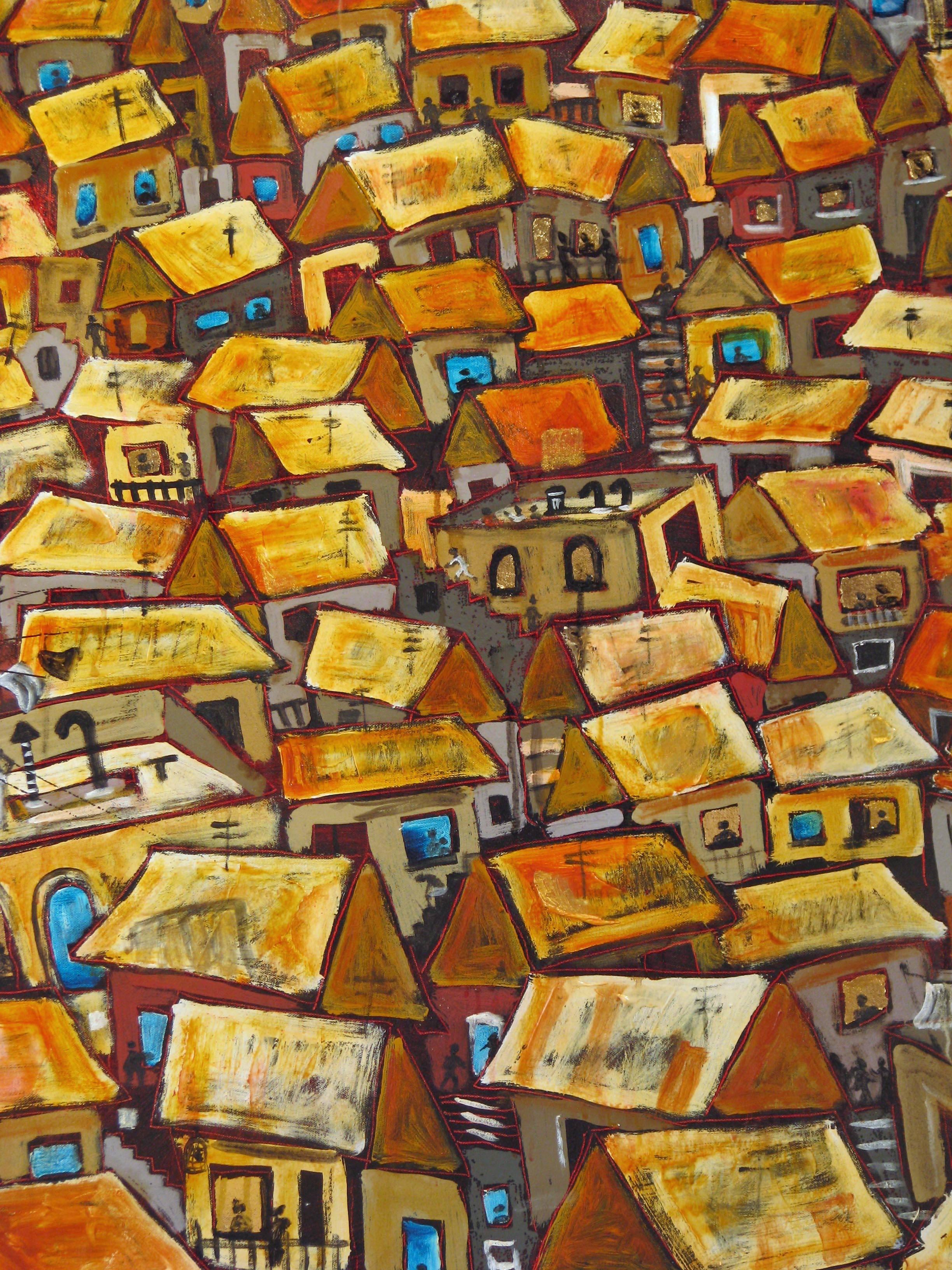 Red Valley Favela, Brazilian art, Contemporary Oil Painting For Sale 1