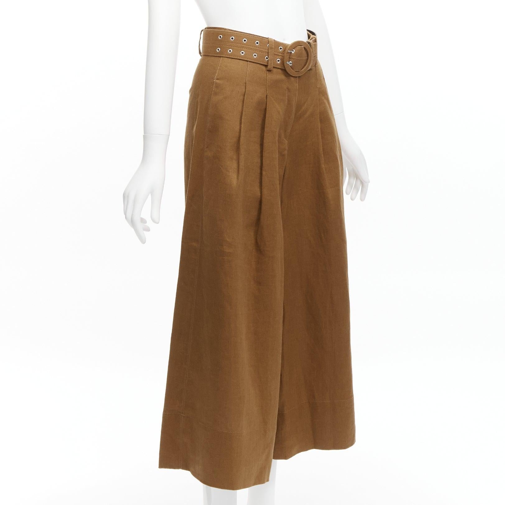 Brown NICHOLAS brown 100% linen high waisted belt wide leg pants US6 M For Sale