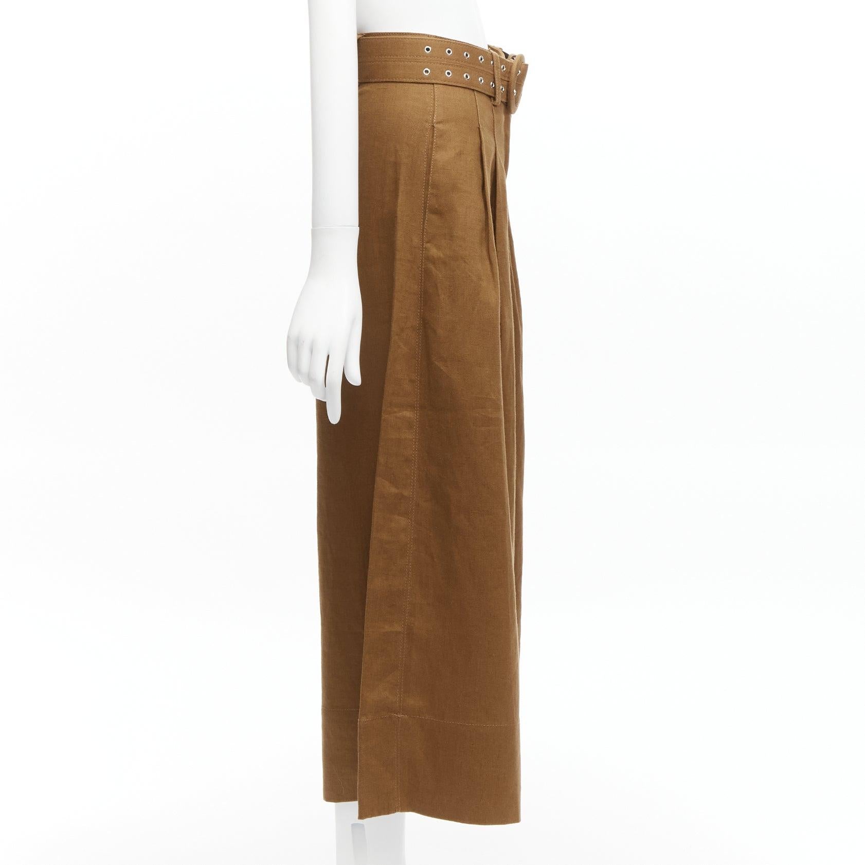 NICHOLAS brown 100% linen high waisted belt wide leg pants US6 M In Excellent Condition For Sale In Hong Kong, NT