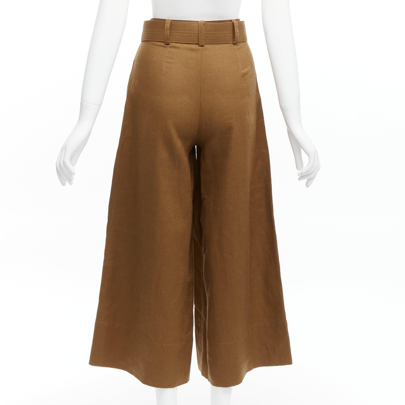 Women's NICHOLAS brown 100% linen high waisted belt wide leg pants US6 M For Sale