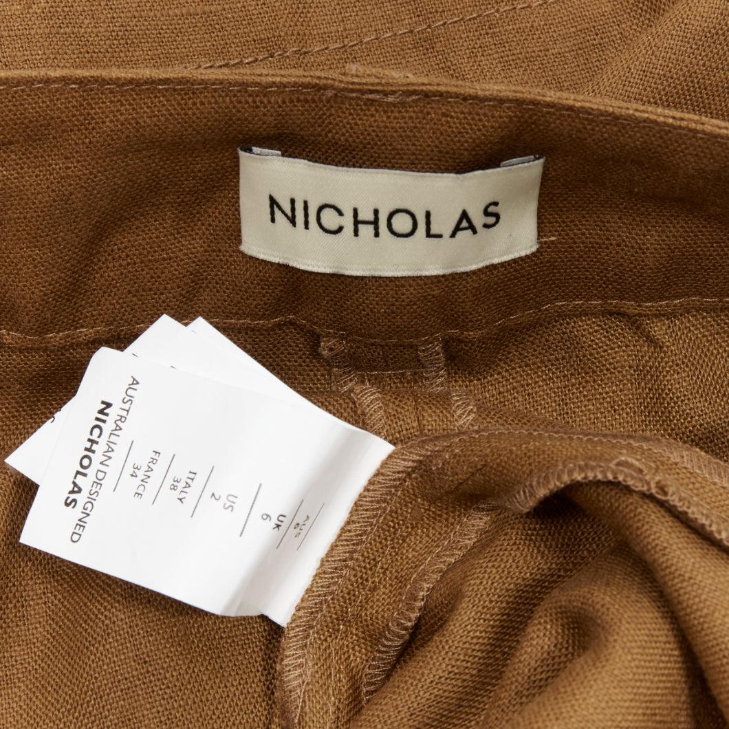 NICHOLAS brown 100% linen high waisted belt wide leg pants US6 M For Sale 3