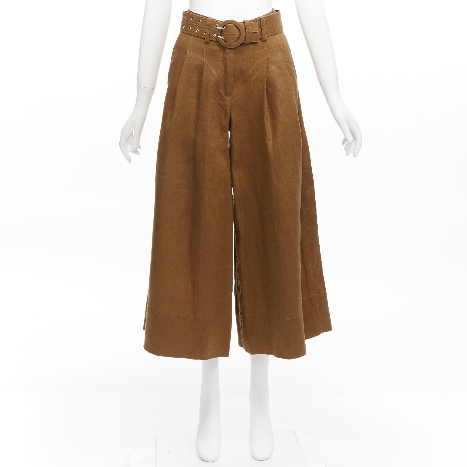 NICHOLAS marrone 100% lino pantaloni a vita alta con cintura a gamba larga US6 M in vendita 4
