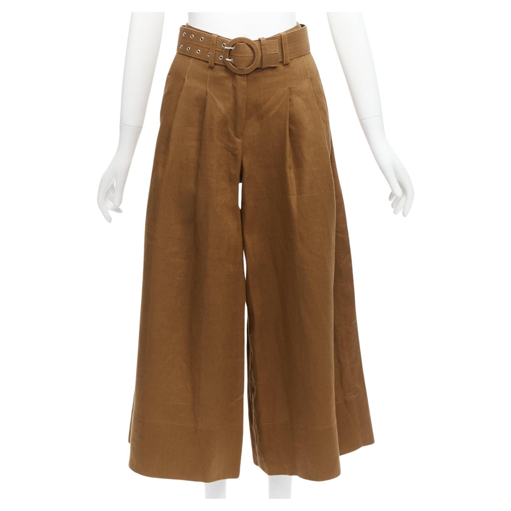 NICHOLAS brown 100% linen high waisted belt wide leg pants US6 M For Sale