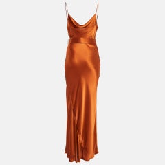 Nicholas Brown Satin Cowl Neck Belted Maxi Slip Dress L
