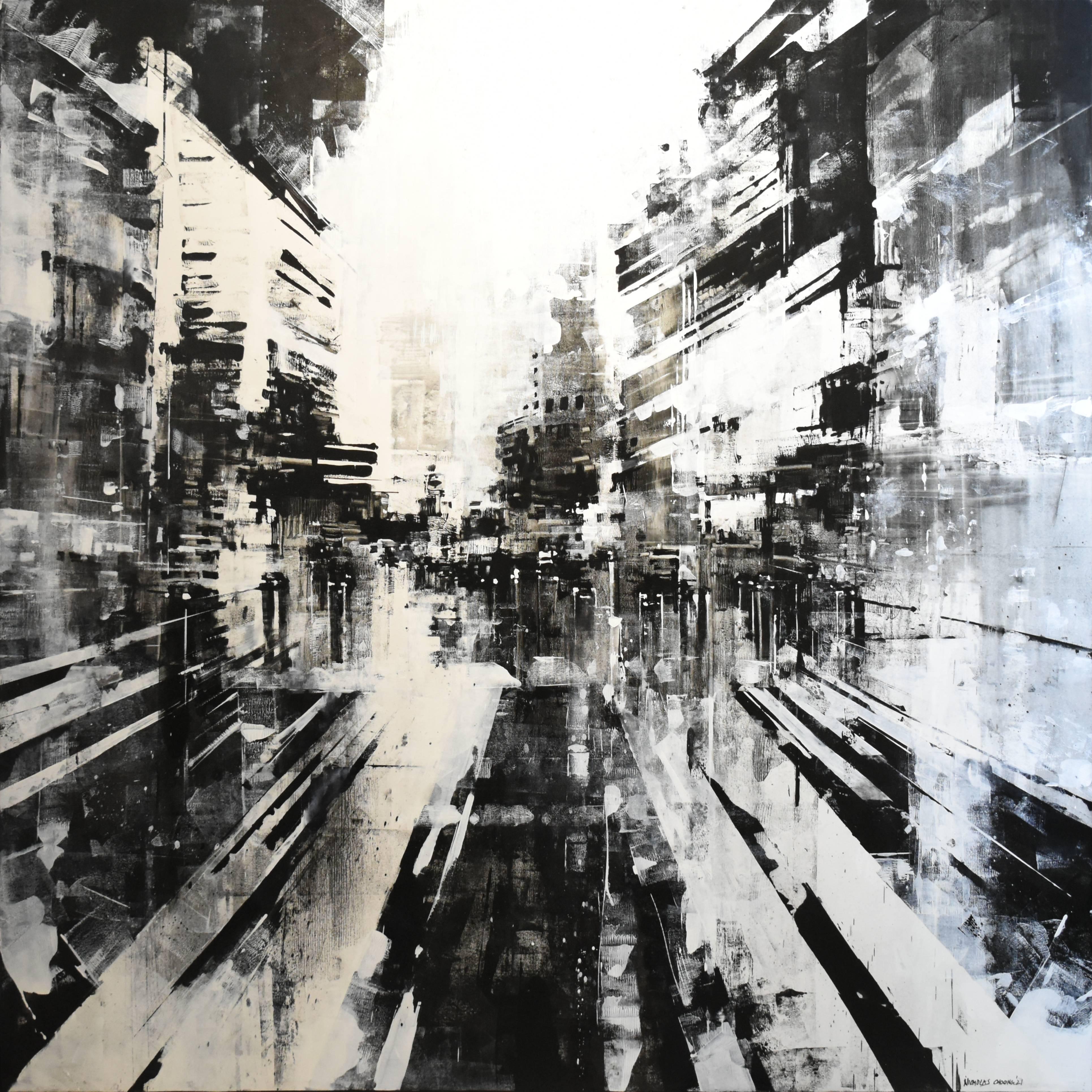 Nicholas Choong Abstract Painting - Black & White Kuala Lumpur Cityscape Contemporary Abstract Expression 