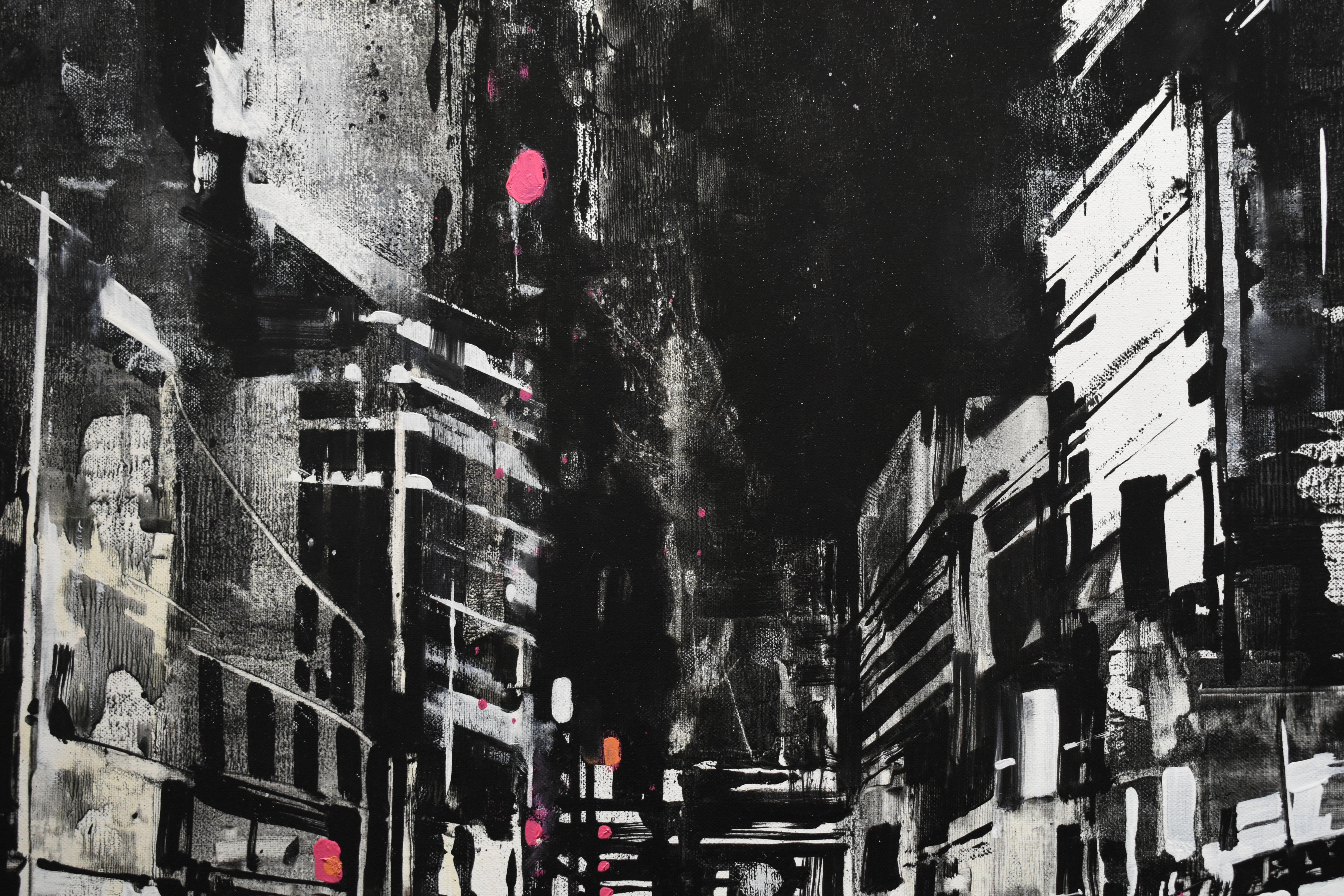 Black White Pink Lights & Nights Cityscapes Contemporary Abstract Expression  - Painting by Nicholas Choong