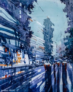 Composition #14 Rainy Day in town Watercolor Cityscape In Abstract Expression 
