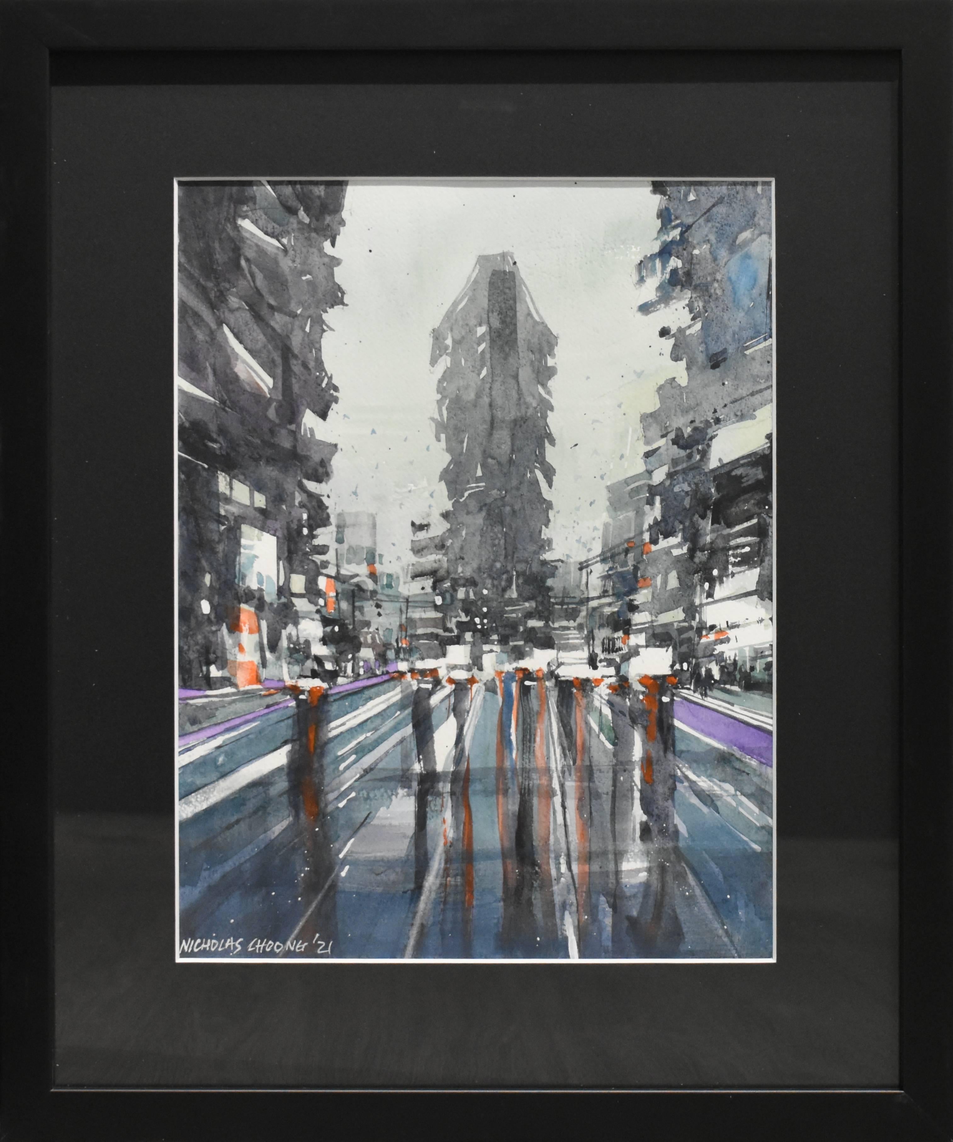 Composition #13 Spot light in rain, Watercolor Cityscape In Abstract Expression - Painting by Nicholas Choong