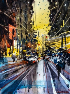 Composition #9 Lights And Busy Streets Watercolor Cityscape Abstract Expression 