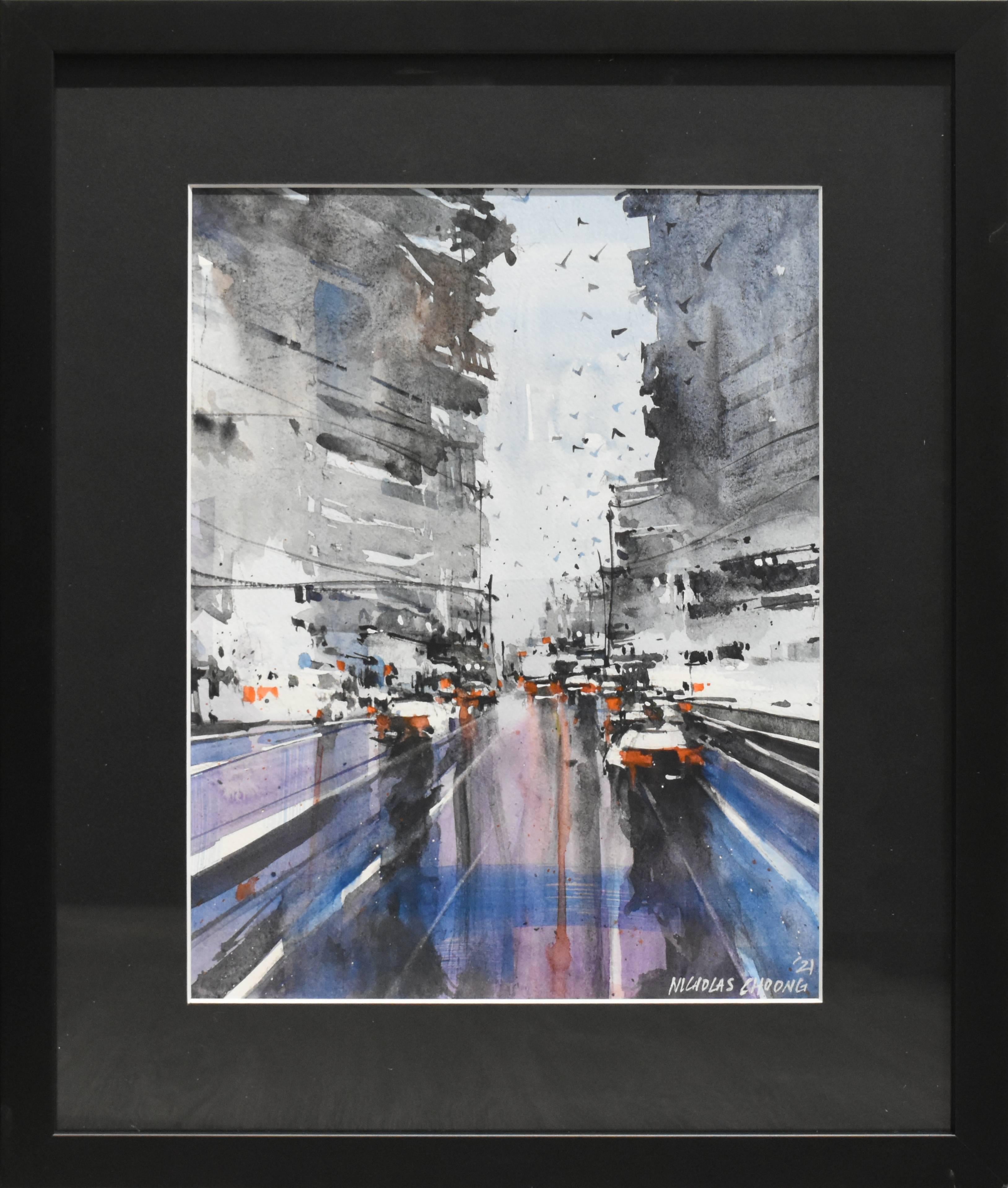 Composition #10, Reflection of Lights on the Streets in Abstract Expression  - Painting by Nicholas Choong