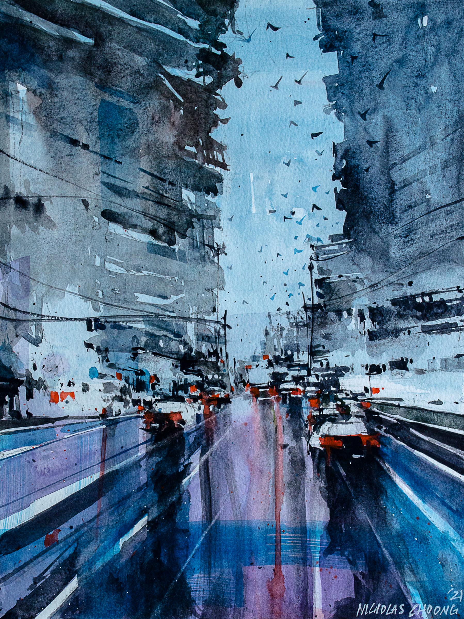 Nicholas Choong Landscape Painting - Composition #10, Reflection of Lights on the Streets in Abstract Expression 