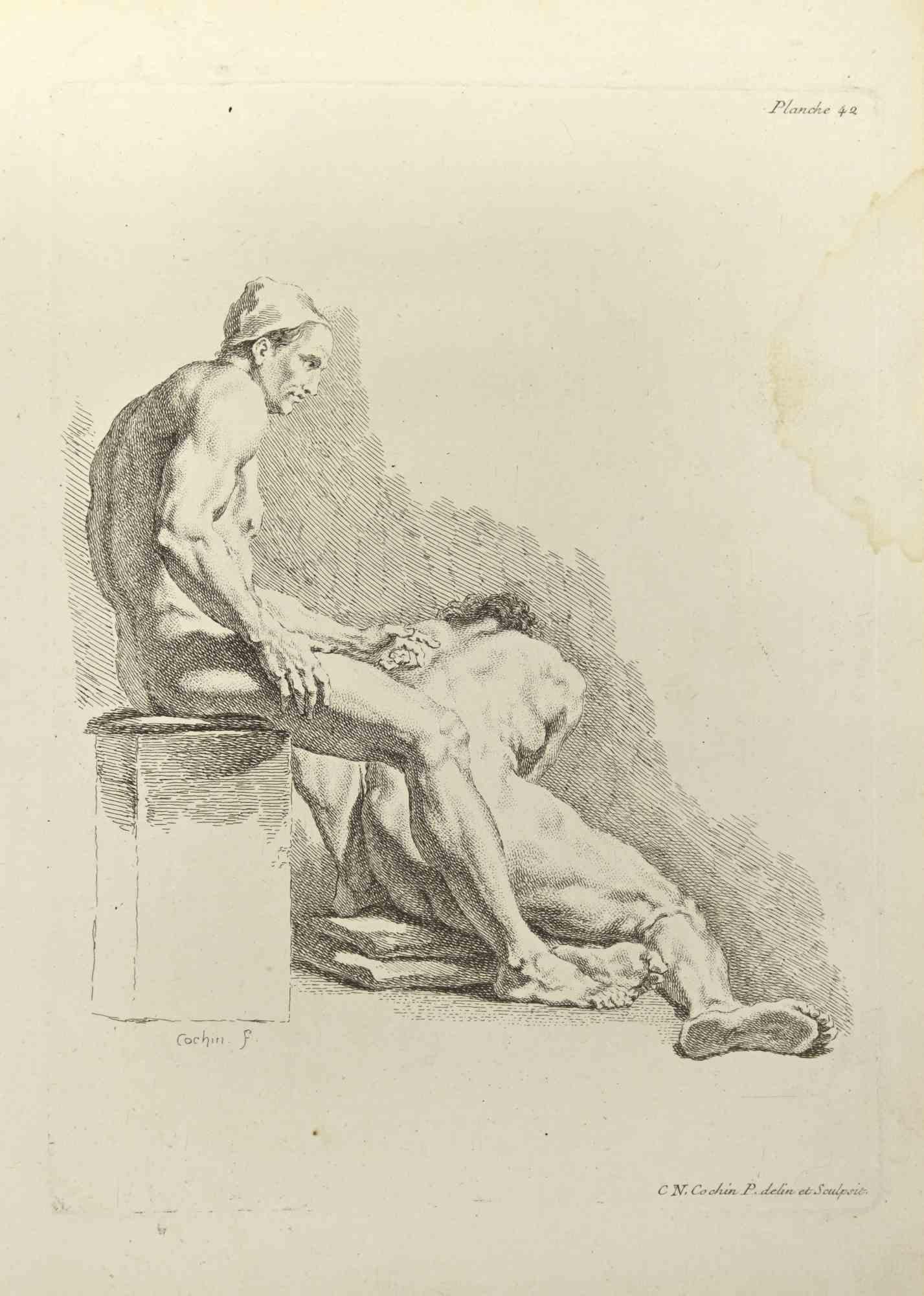 Anatomy Studies is an etching realized by Nicholas Cochin in 1755.

Good conditions with slight folding and a yellowish stain on the right margin.

Signed in the plate.

The etching was realized for the anatomy study “JOMBERT, Charles-Antoine