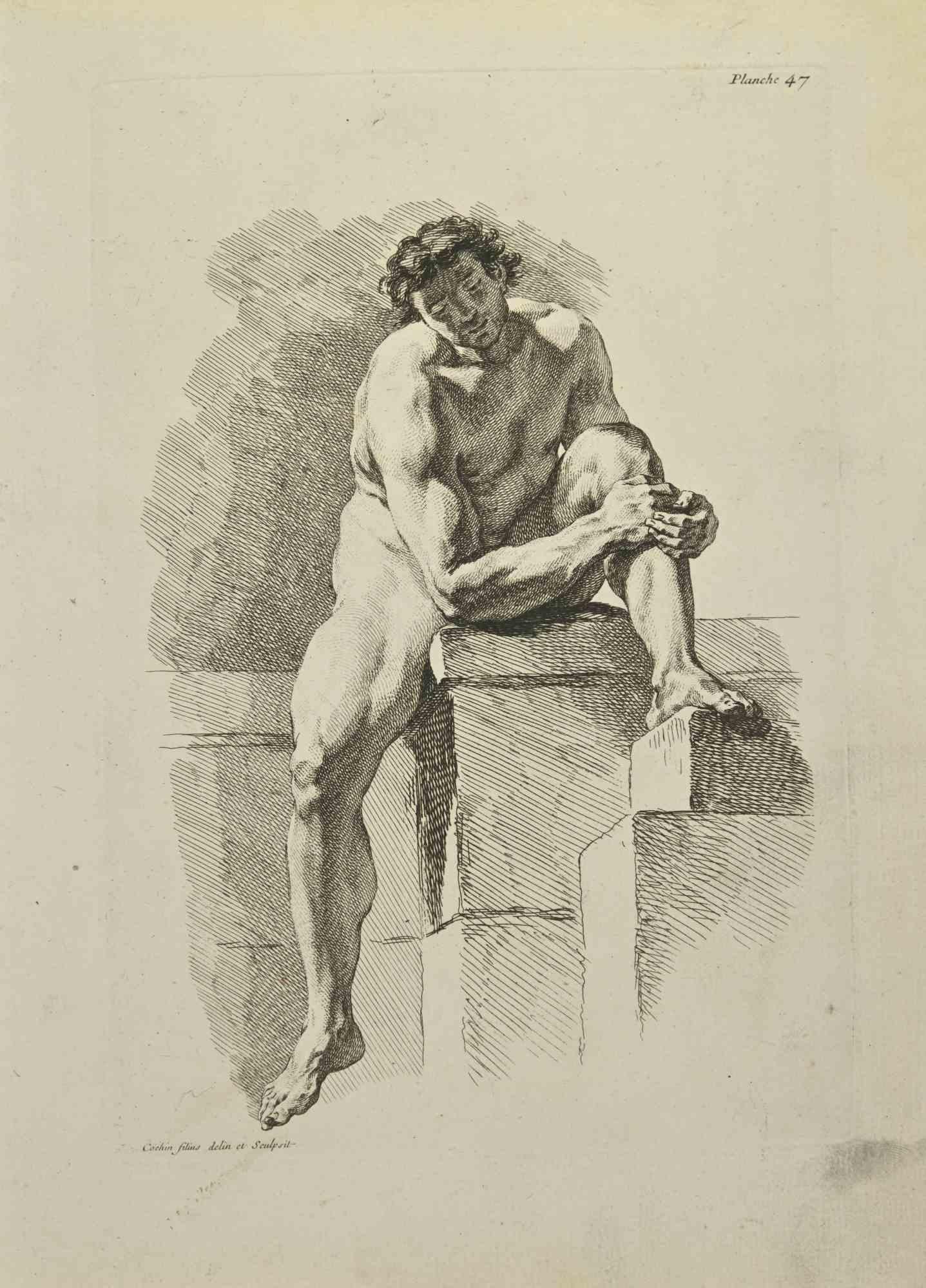 Anatomy Studies is an etching realized by Nicholas Cochin in 1755.

Good conditions with foxing and folding.

Signed in the plate.

The artwork is depicted through confident strokes.

The etching was realized for the anatomy study “JOMBERT,